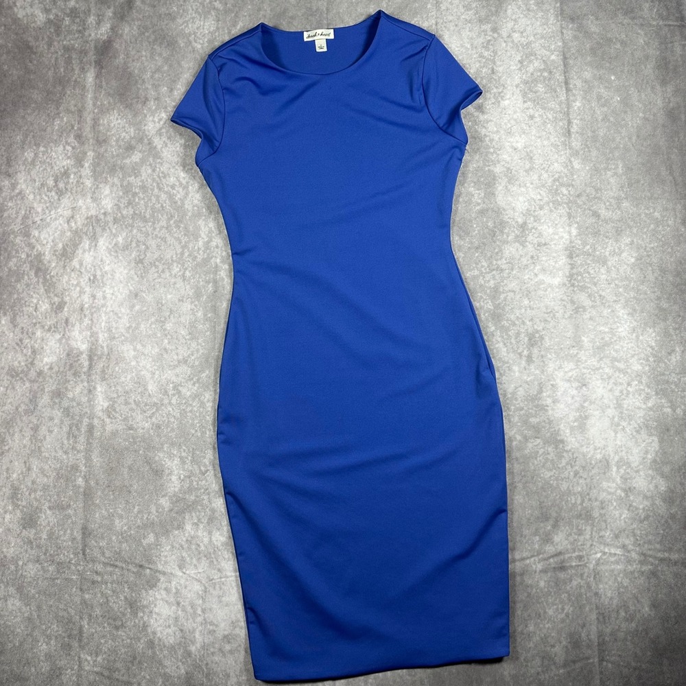 Derek Heart Women M Royal Blue Bodycon Midi Dress Short Sleeve Round Neck Office